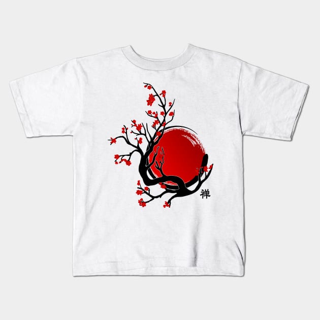 Zen Enso Circle, Sun and Red Sakura Blossom Kids T-Shirt by Nartissima